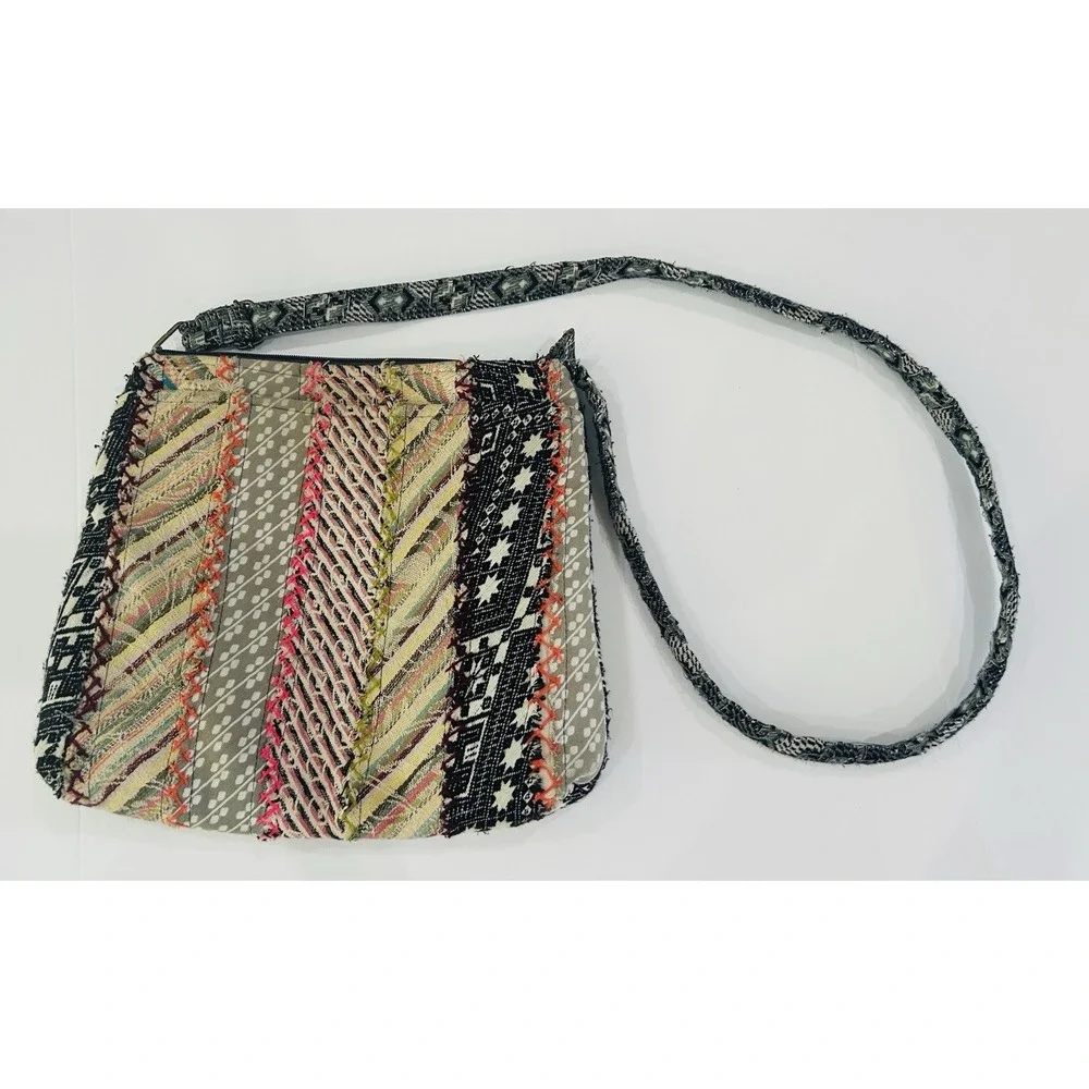 Demdaco Recycled Cross Body Bag Quilted Patchwork Woven Bohemian Festival Earthy
